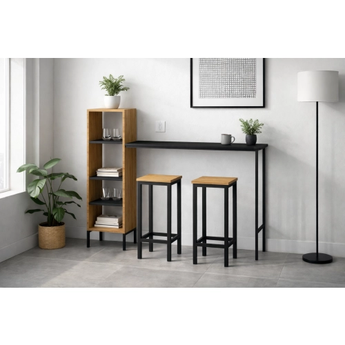 Zestaw Barowo -Jadalniany z Metalu i Drewna Litego Dębowego  Stół + 2 Taborety Model ZETS-24